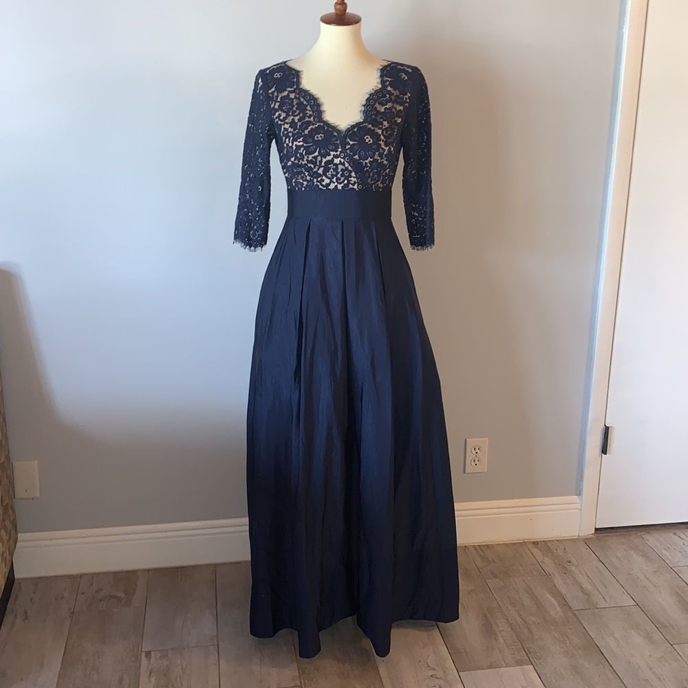 Eliza J Navy Lace Surplice Gown, 6